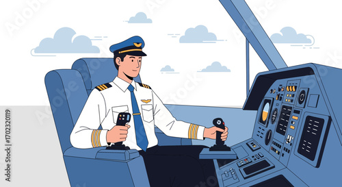 Pilot at Controls: Modern Aviation Illustration in a Professional Flight Deck Setting