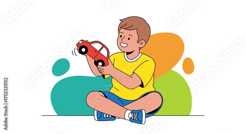 Smiling Young Boy Enthralled By Red Toy Car During A Playful Session With Joyful Feeling