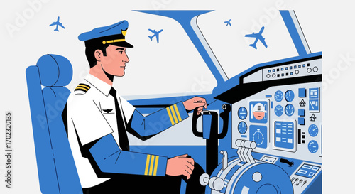 Pilot At Work Inside The Airplane Cockpit Flying Towards The Destination Successfully