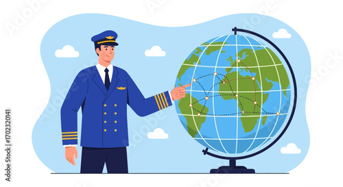 Pilot Explaining International Travel Routes and Global Connections On A World Globe