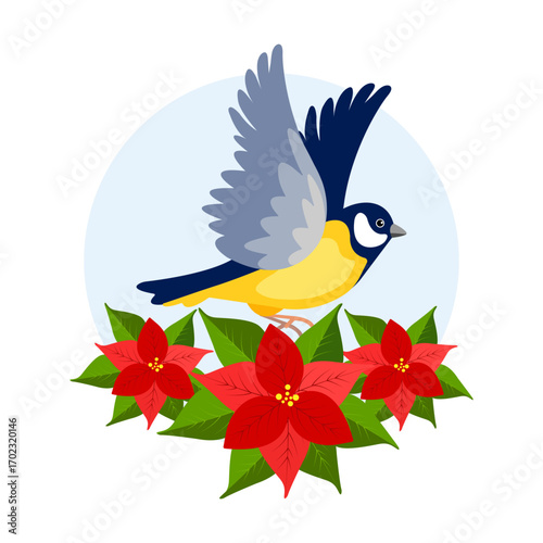 A colorful illustration of a titmouse flying over bright red poinsettia flowers with luscious green leaves. The festive design is perfect for Christmas, holiday cards, and seasonal decorations.