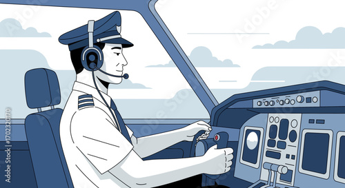 Pilot In The Cockpit Flying Aircraft, Illustration Of Air Travel Experience