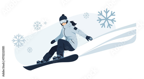 Snowboarder enjoying winter sports on a snowy mountain with snowflakes around