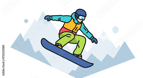 Snowboarder executing a jump with mountains in the background vector illustration