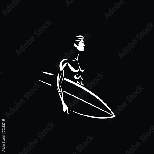 Vector illustration of a surfer silhouette holding a surfboard