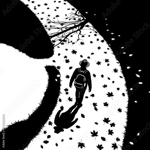 Person walking on a path with falling leaves silhouette isolated on white background
