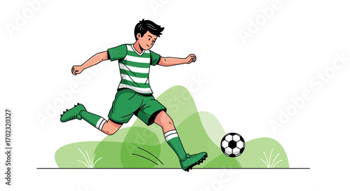 Soccer Player Kicking Ball Towards Goal in Green Uniform, Simple Illustration, Ready, Action