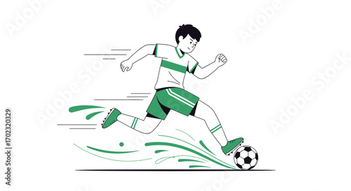 Soccer Player In Action Kicking The Ball With Motion Effect And Green Elements
