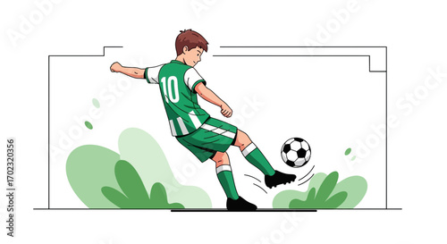 Soccer Player Kicking Ball Towards Goal Vector Illustration Sport Activity Green Uniform