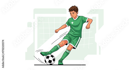 Soccer Player Kicking the Ball Towards Goal Drawn in Digital Illustration