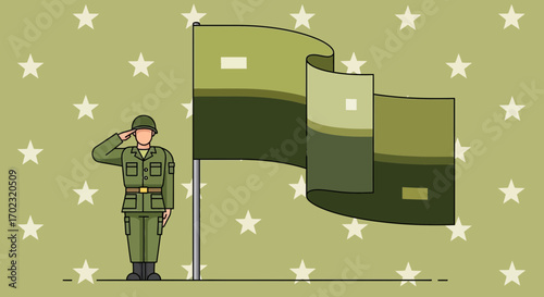 Soldier Saluting the Flag, Military Concept with Green Stars Background Design