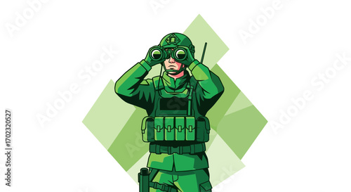 Soldier Using Binoculars With Green Uniform, Looking For Something, Military Concept