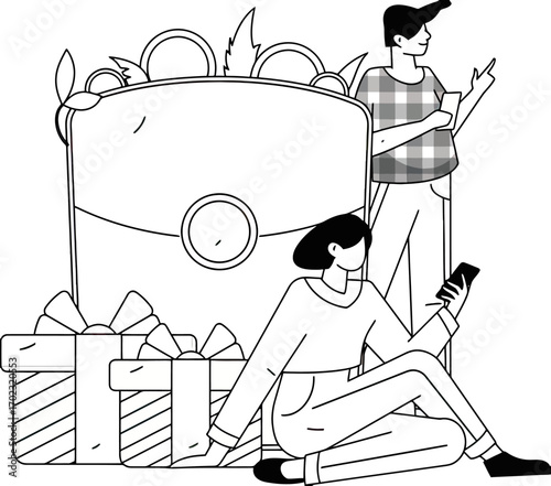 Excited shoppers with gifts using mobile phones ready for holiday deals, holiday shopping, and joyful celebrations, a modern and stylish illustration for festive campaigns