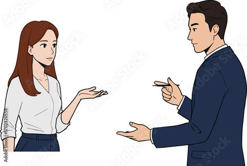 Business discussion between man and woman, office communication, serious conversation, teamwork strategy, workplace planning, professional meeting, corporate interaction.