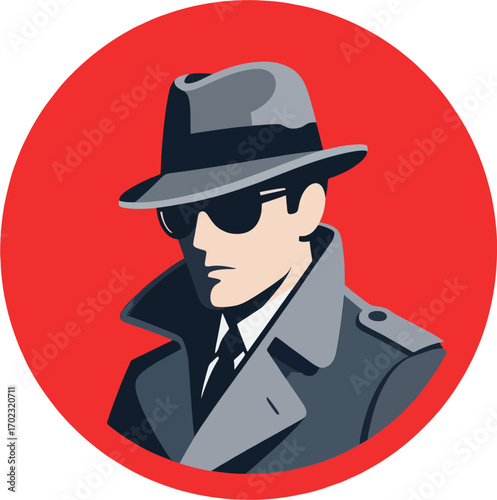 Modern Noir Spy Character in Gray Fedora and Trench Coat on Red Circle