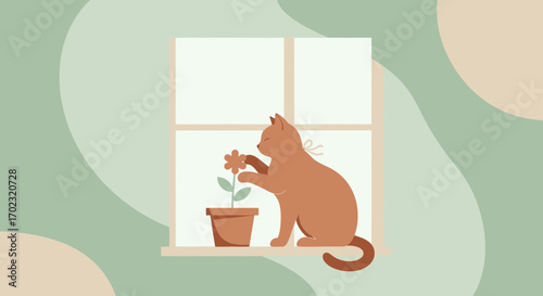 Playful Feline Interacting With A Potted Plant While Enjoying The Quiet Interior Space