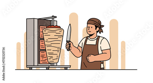 Street Food Vendor Preparing Delicious Shawarma Meat Slices With A Knife