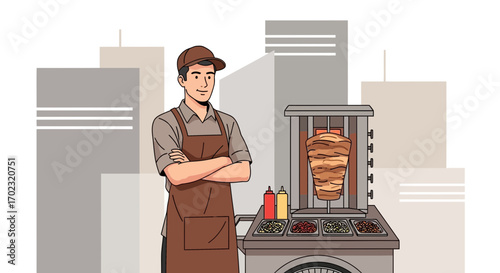 Street Food Vendor Offering Shawarma Cuisine with Urban Backdrop, Vector Illustration