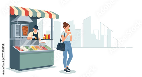 Street food vendor selling doner kebab with a customer eating the sandwich while walking
