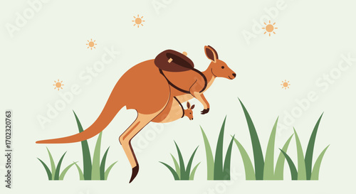 Playful Kangaroo Illustration, Australian Icon, With A Baby And A Brown Saddle, Outdoors