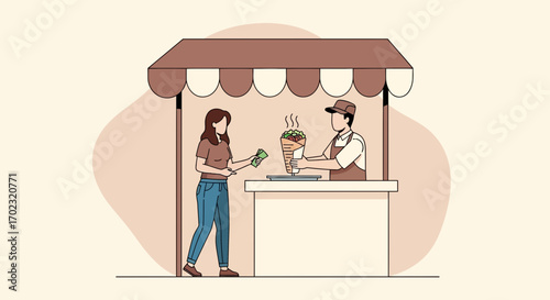 Street Food Vendor Serves Freshly Prepared Meal To A Customer At Outdoor Stall