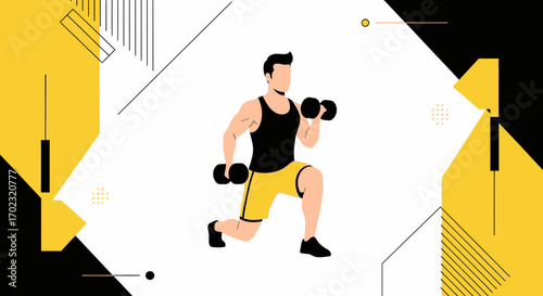 Strength Training Lunge Exercise With Dumbbells Depicted In A Modern Geometric Illustration
