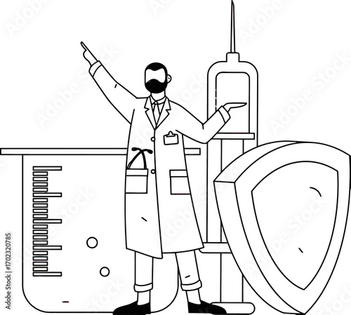 Dynamic illustration of a doctor presenting a medical breakthrough with a syringe, a shield, and lab equipment, emphasizing health, protection, and scientific innovation in modern medicine