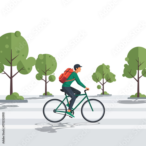 Man with backpack cycling on a bicycle in a public park. Active healthy lifestyle vector illustration