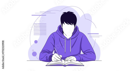 Student Concentrating On Book, Writing And Planning Tasks With Artistic Background