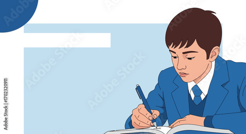 Student Concentrating On His Work While Sitting At His Desk To Complete Tasks