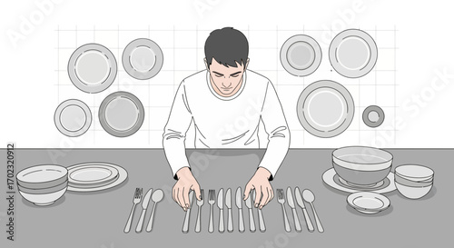 Preparing Tableware For A Meal Illustration Featuring Plates, Bowls, and Cutlery
