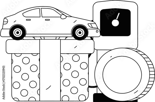 Dreaming of a new car this holiday season, a sleek ride atop a polka-dot present, fuel gauge and coins hinting at future adventures on the open road, a perfect surprise gift