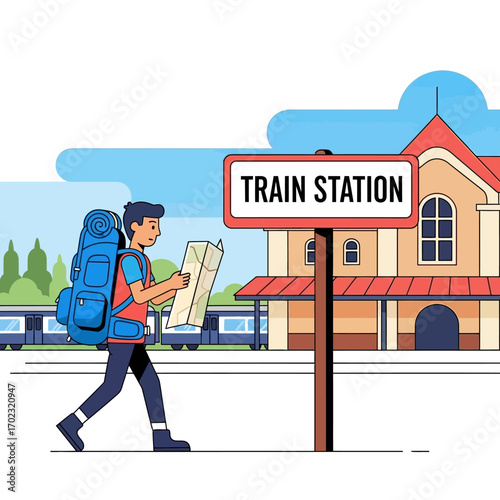 Illustration of a young backpacker navigating with a map at a train station