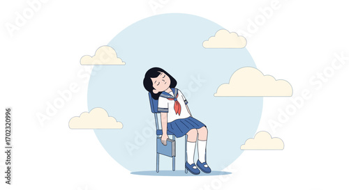 Student Drowsiness: A Calm Scene Of A Girl Sleeping In Class Amidst Fluffy Clouds