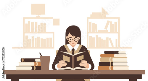 Student Immersed In Reading Amidst Bookshelves, Studying Intently, Focused On Knowledge