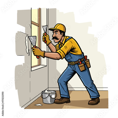 Builder fixing drywall near window during home renovation concept of repair  