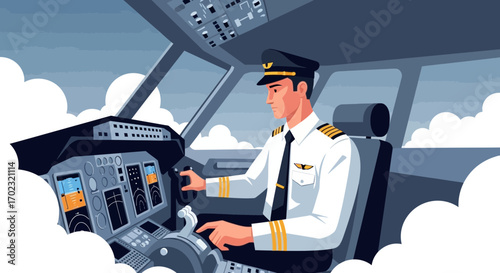 Professional Aviator Commands Commercial Jetliner Amidst Fluffy Clouds, Mastering Avionics