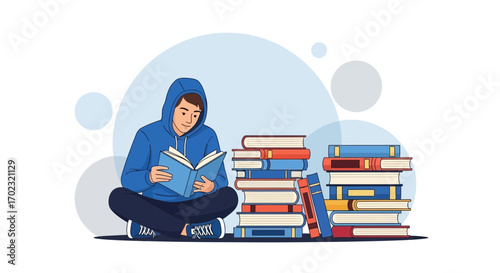 Student Immersed In Reading Surrounded With Diverse Books On A Light Background