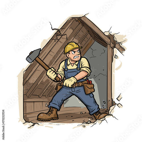 Builder demolishing wall with hammer in attic during repair process  