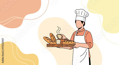 Professional Baker Holding Freshly Baked Bread on a Tray: Isolated Illustration