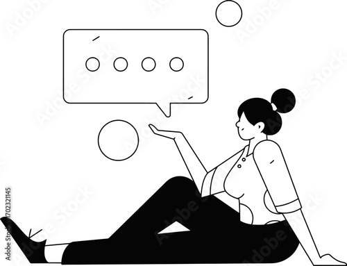 Get your message across with this illustration of a woman sharing ideas in a chat bubble, perfect for social media marketing, online communication, and modern business solutions.