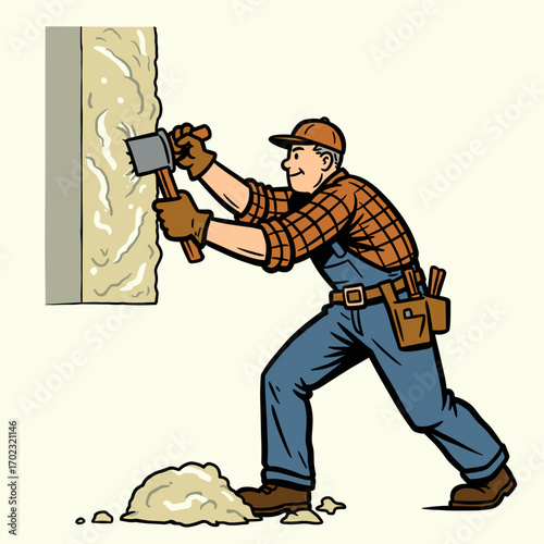 Construction worker repairing mineral wool insulation with hammer  