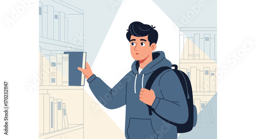 Student in a library picking a book from the shelf, illustration study concept without commas