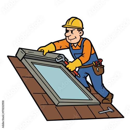 Builder installing skylight on roof while smiling and using tools  