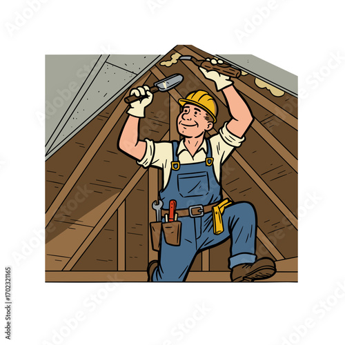 Builder installing ceiling in attic with tools and smiling expression  