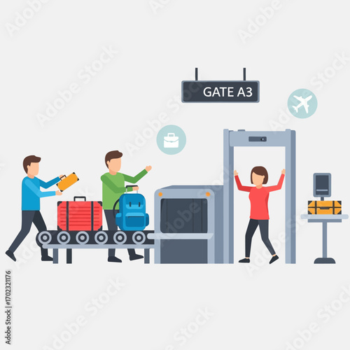 Travelers passing through airport security checkpoint with luggage