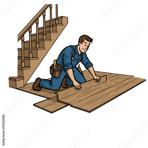 Builder installing laminate flooring near stairs in a home setting  