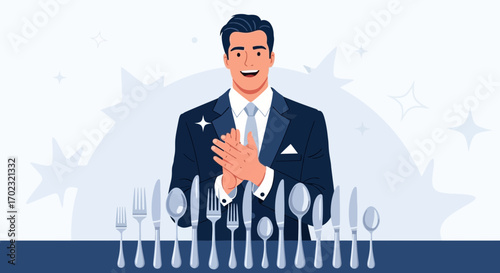 Professional Man Clapping Behind Cutlery Displayed with Illustrative Style