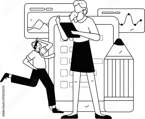 Streamlined planning with a female professional and an assistant for project success, visualize data and collaborate effectively for business goals, boost productivity in style