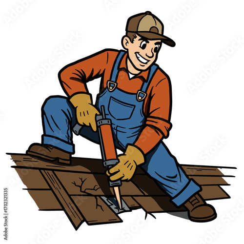 Man applying sealant to repair wooden floorboards while smiling  